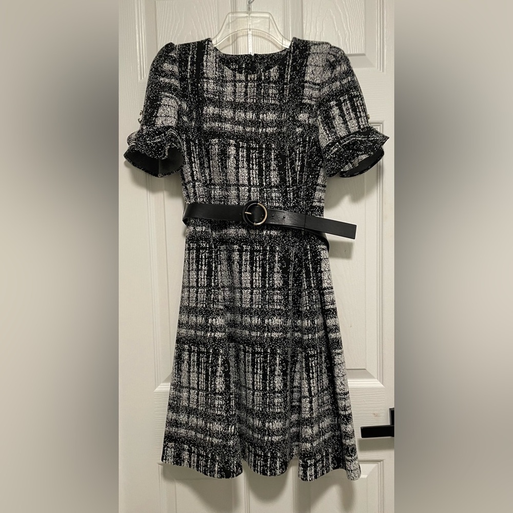 DKNY Monochrome Plaid Dress with Belt
